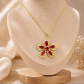 Pink Fuchsia Gemstone Flower Pendant Necklace in Gold-Plated Brass Jewelry 5390 Pink Fuchsia