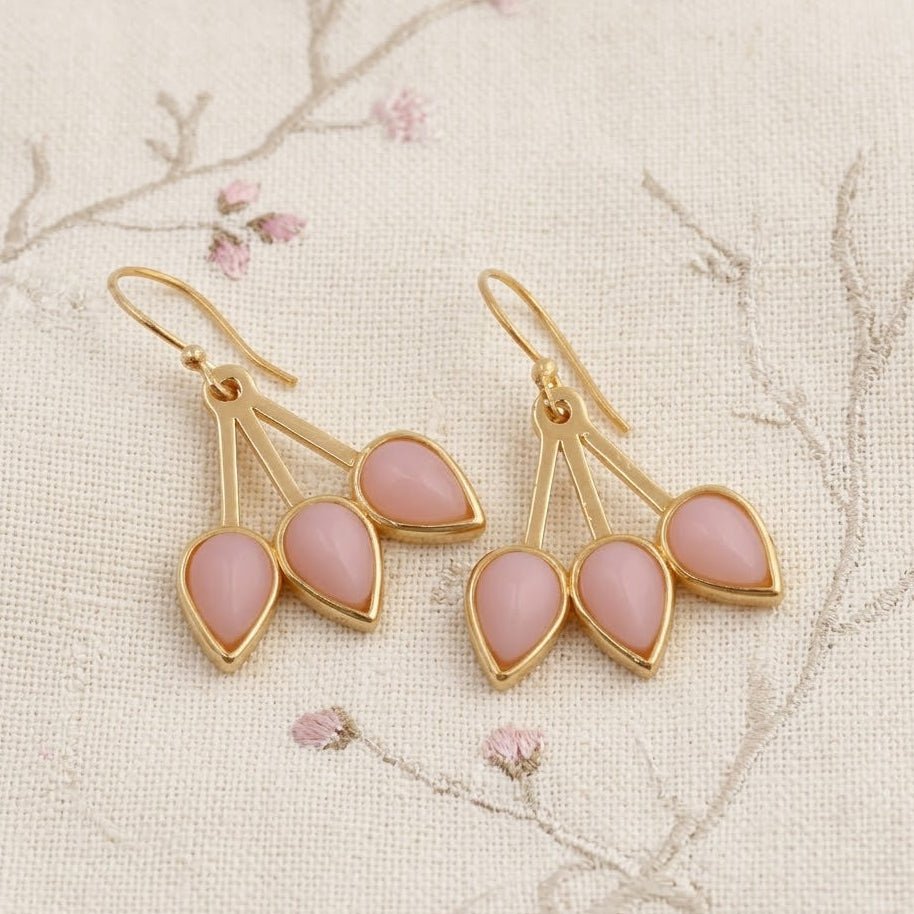 Pink Opalite Three - Leaf Drop Earrings, Gold Plated Handcrafted Bezel Gold Jewelry CE - 1008