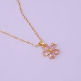 Pink Quartz Crystal Charms Necklace Gold Plated Floral Pendant Necklace Jewelry