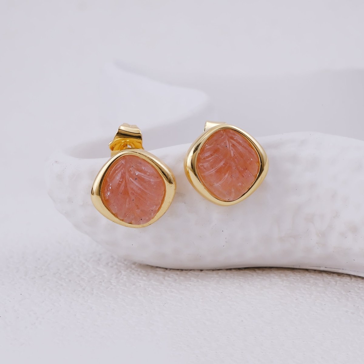 Pink Strawberry Quartz Carved Gemstone, Gold Plated Stud Earrings CE - 1018