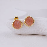 Pink Strawberry Quartz Carved Gemstone, Gold Plated Stud Earrings CE - 1018