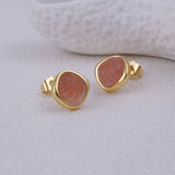 Pink Strawberry Quartz Carved Gemstone, Gold Plated Stud Earrings CE - 1018