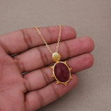 Pink Strawberry Quartz Oval Shape Gemstone Pendant Necklace, Gold Plated Jewelry 5415
