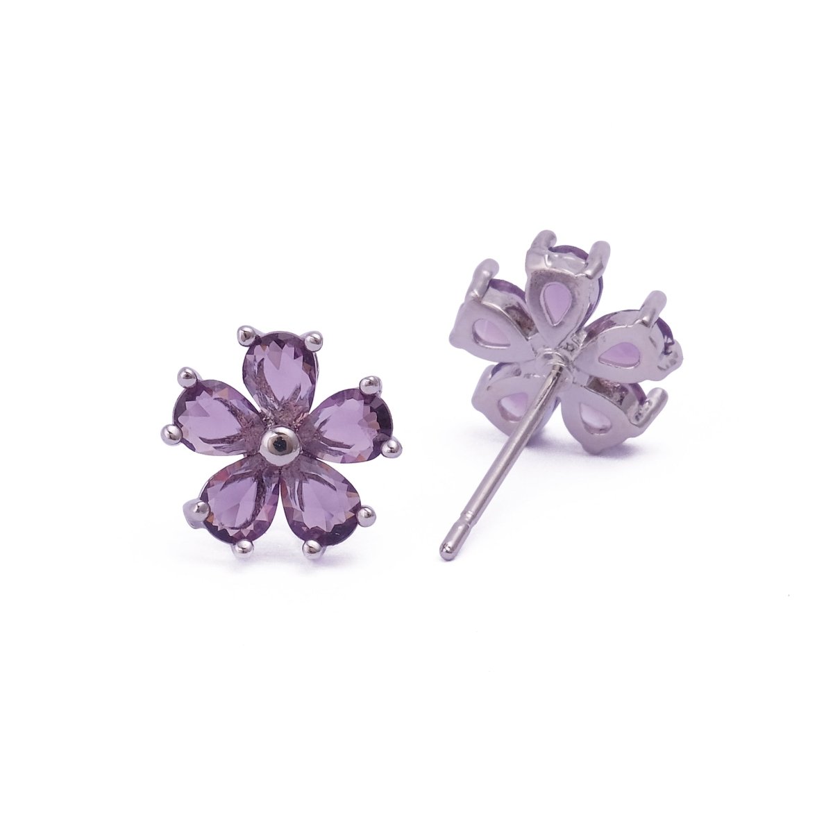 Purple Amethyst Gemstone Stud Earrings Aesthetic Flower Silver Plated Earrings For Her