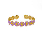 Purple and Yellow Enamel Flower Shape Bangle Gold Plated Adjustable Jewelry