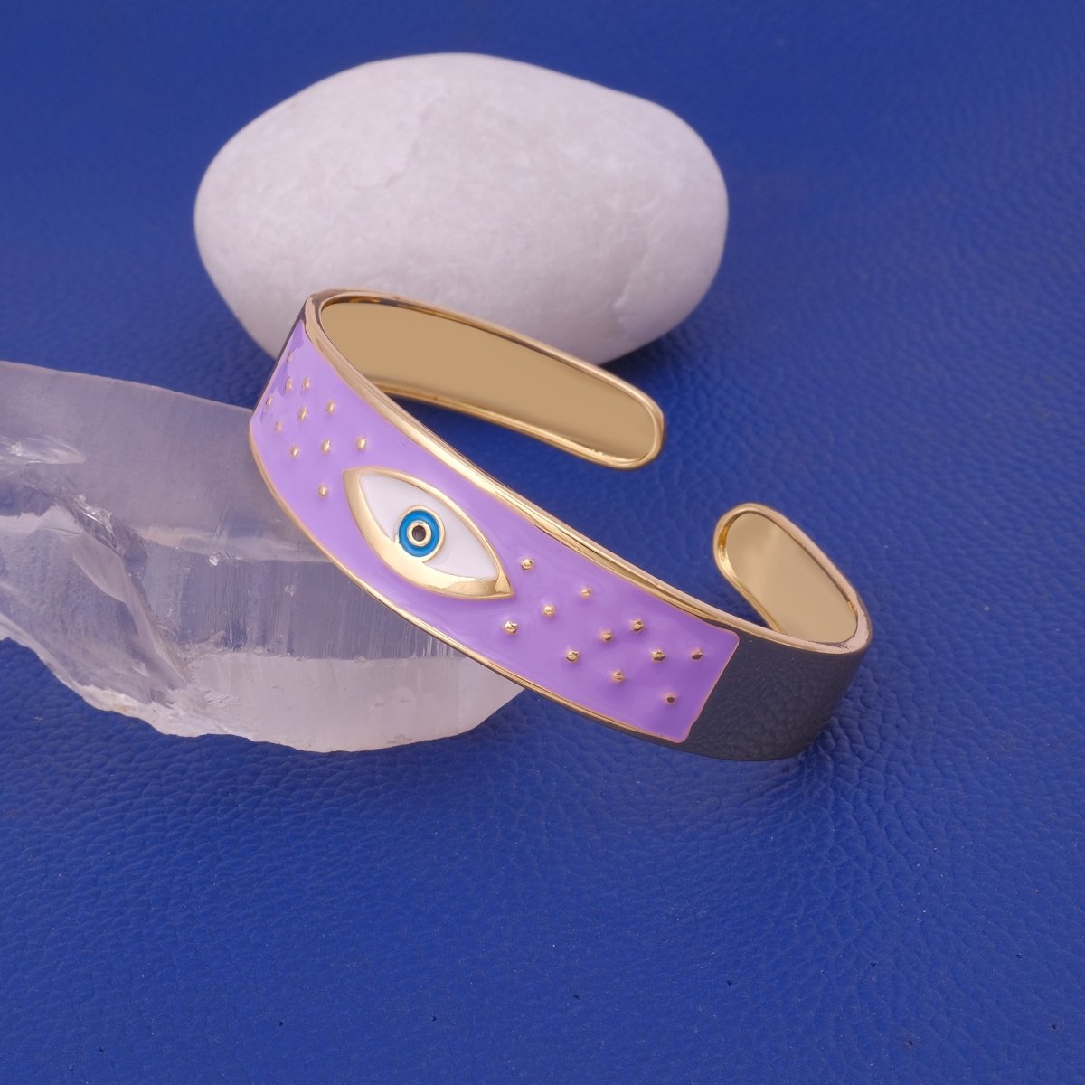 Purple Enameled Open Cuff Bracelet Evil Eye Gold Plated Bangle