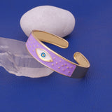Purple Enameled Open Cuff Bracelet Evil Eye Gold Plated Bangle