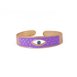 Purple Enameled Open Cuff Bracelet Evil Eye Gold Plated Bangle