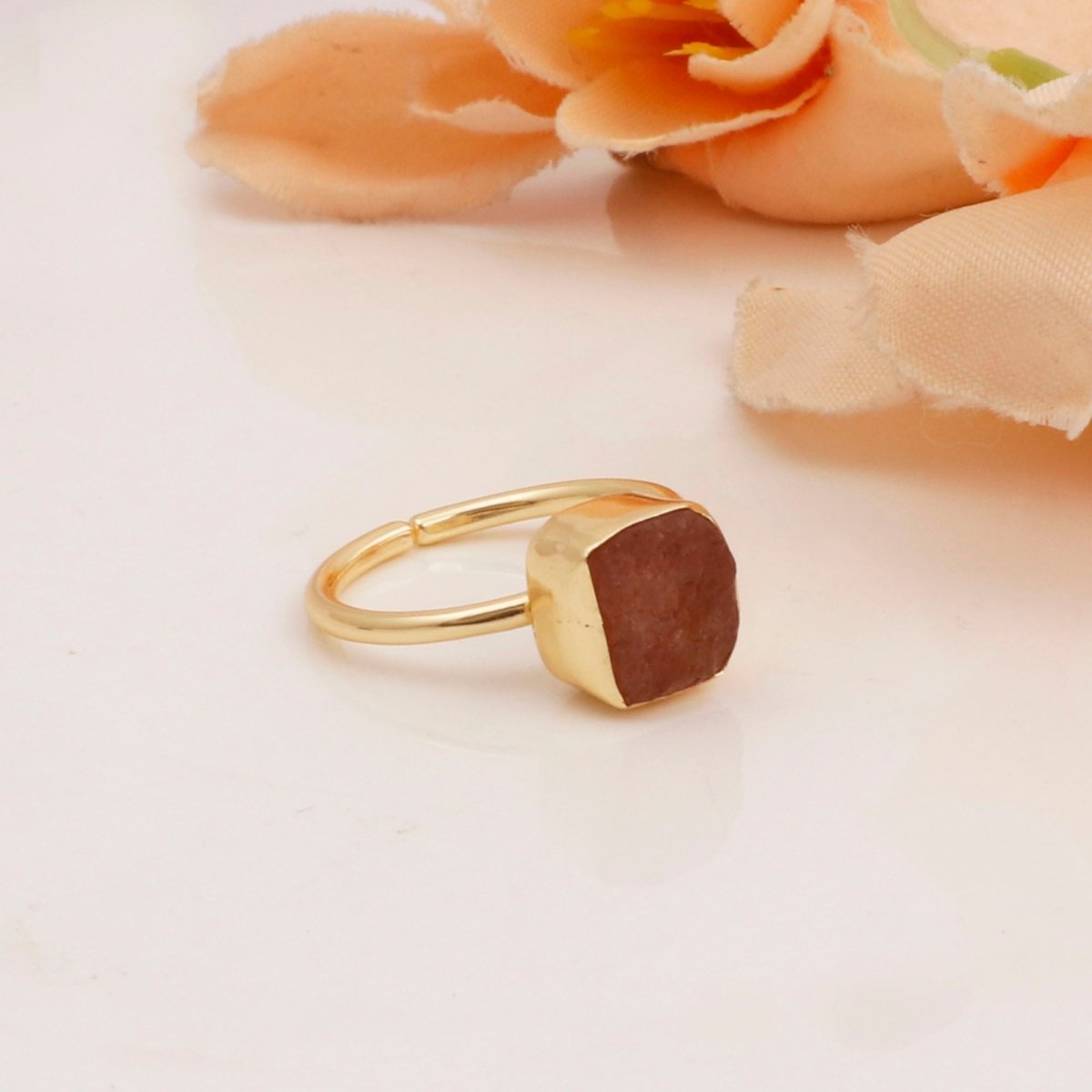 Raw Pink Strawberry Quartz Ring Gold Plated Ring