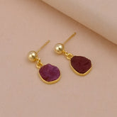 Raw Ruby Earrings Handmade Gold Plated Dangle Earrings Natural Rough Stone Birthstone Jewelry Ruby