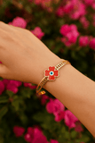 Red Enamel Flower Bangle Adjustable Gold Plated Jewelry For Her