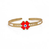 Red Enamel Flower Bangle Adjustable Gold Plated Jewelry For Her