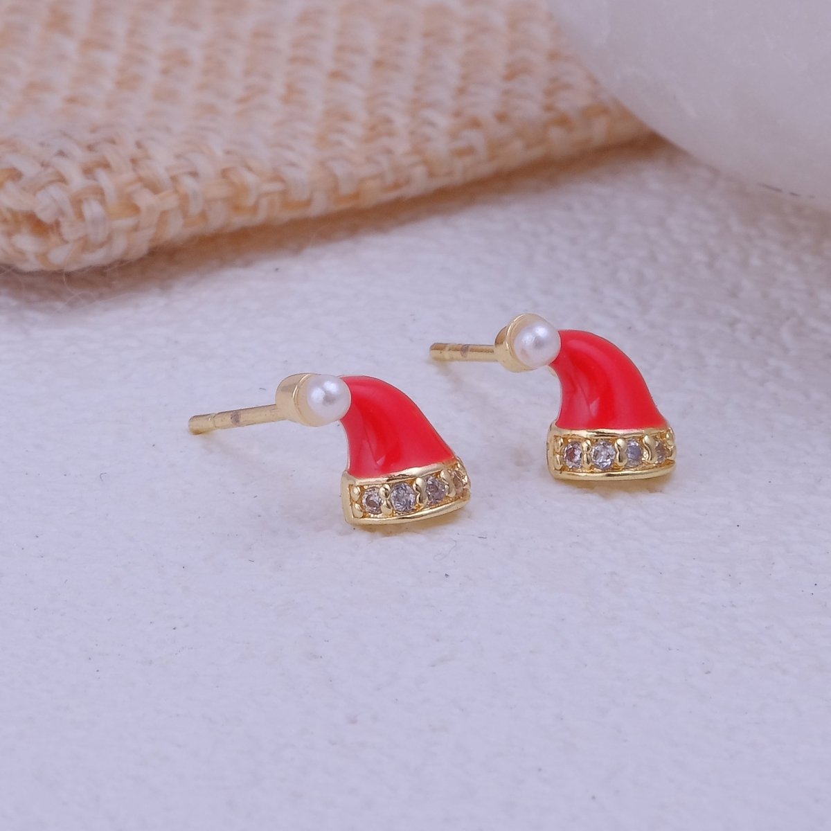 Red Enamel Jewelry Gold Plated Santa Hat Stud Earrings