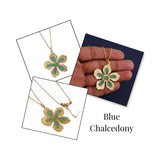 Red Garnet Gemstone Flower Pendant Necklace, Textured Gold Plated Jewelry 5390 Blue Chalcedony