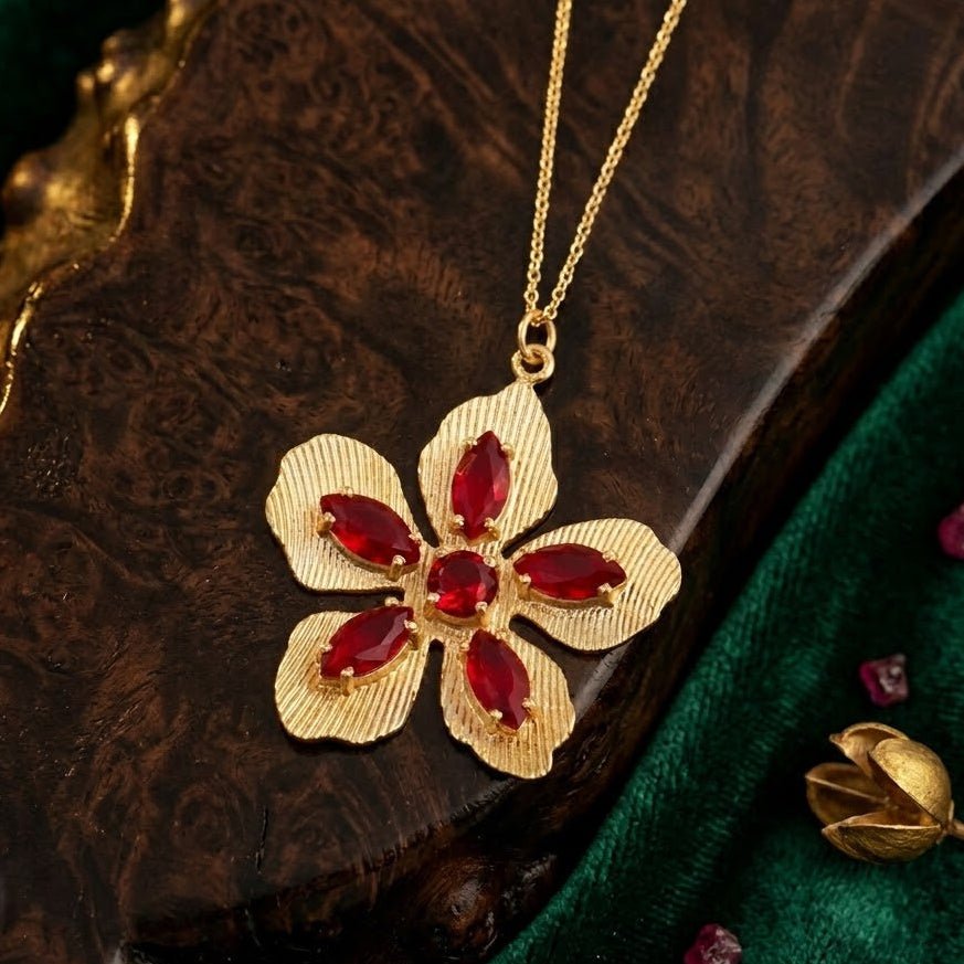 Red Garnet Gemstone Flower Pendant Necklace, Textured Gold Plated Jewelry 5390 Red Garnet