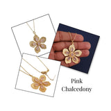 Red Garnet Gemstone Flower Pendant Necklace, Textured Gold Plated Jewelry 5390 Pink Chalcedony