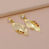 Red Garnet Quartz and Pearl Gold Leaf Statement Earrings with Pearls Artistic Dangle Earrings