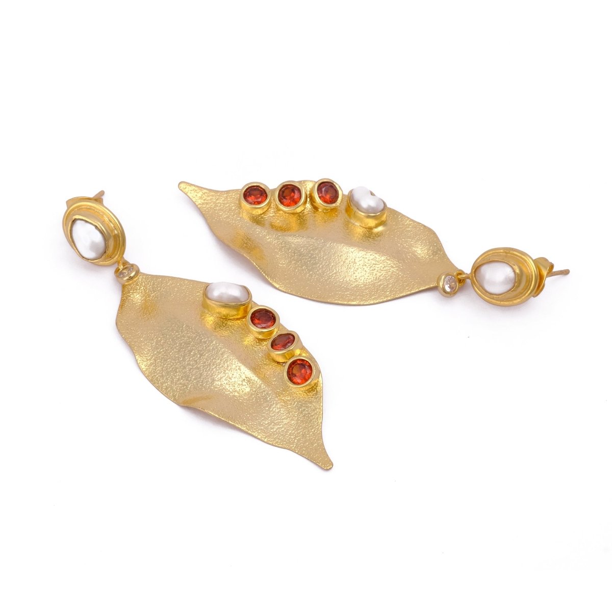 Red Garnet Quartz and Pearl Gold Leaf Statement Earrings with Pearls Artistic Dangle Earrings
