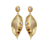 Red Garnet Quartz and Pearl Gold Leaf Statement Earrings with Pearls Artistic Dangle Earrings