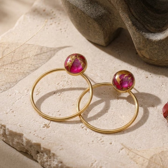 Red Mohave Gold Plated Hoop Stud Earrings, Minimalist Jewelry CE - 1003