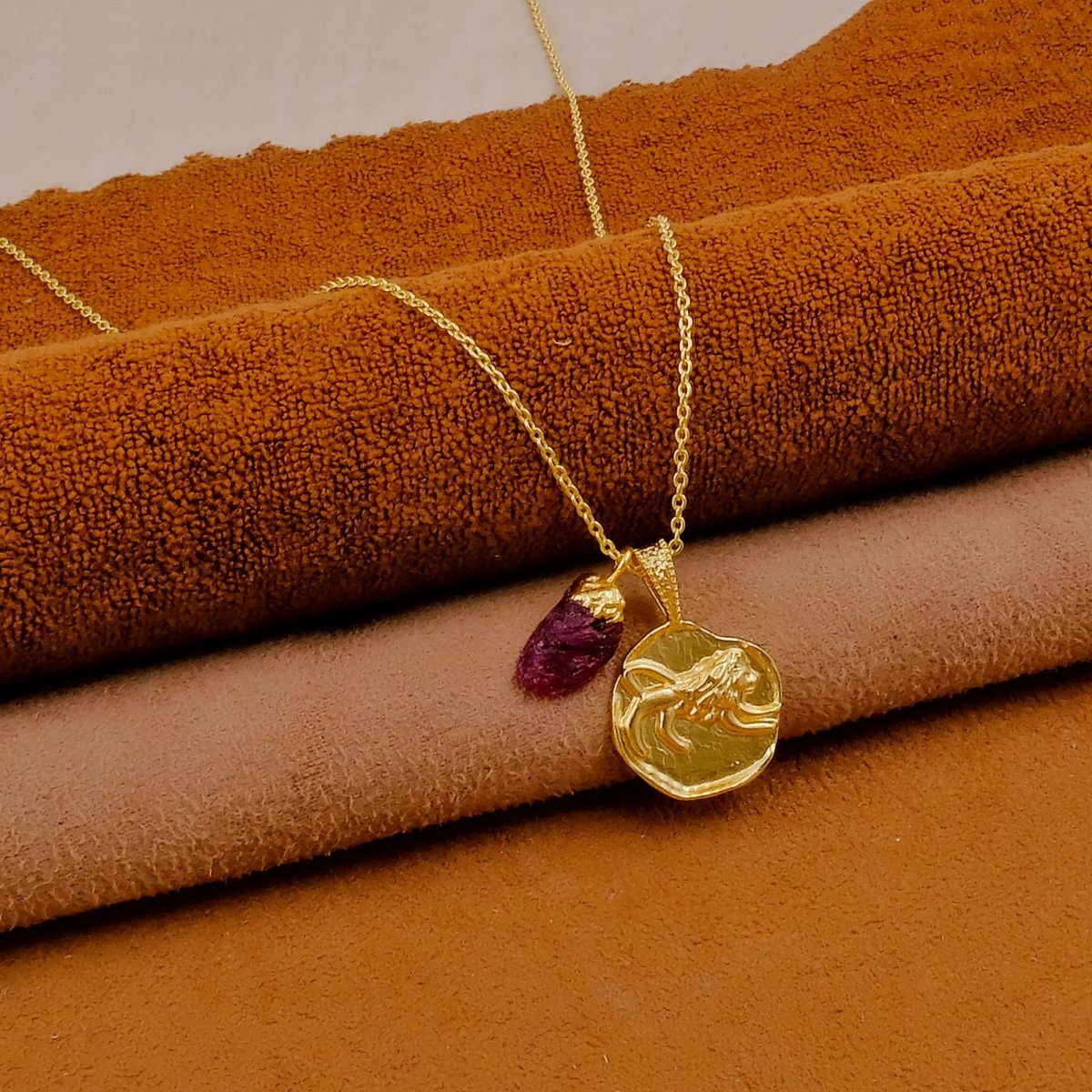 Ruby Gemstone Necklace Zodiac Sign Necklace Gold Plated Chain Necklace Ruby