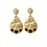 Sapphire Gemstone Earring Gold Hammered Textured, Modern Statement Teardrop Earrings , Studs Push Back, Dangle Drop Earrings, Women's Jewelery. S