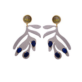 Silver Leaf Earrings with Blue Sapphire Quartz Stones, Artistic Handmade Dangle Earrings, Elegant Statement Jewelry. S