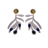Silver Leaf Earrings with Blue Sapphire Quartz Stones, Artistic Handmade Dangle Earrings, Elegant Statement Jewelry. S