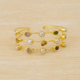 Statement Gold Plated Brass Cuff, Multi - Color Raw Gemstone Bangles 3501