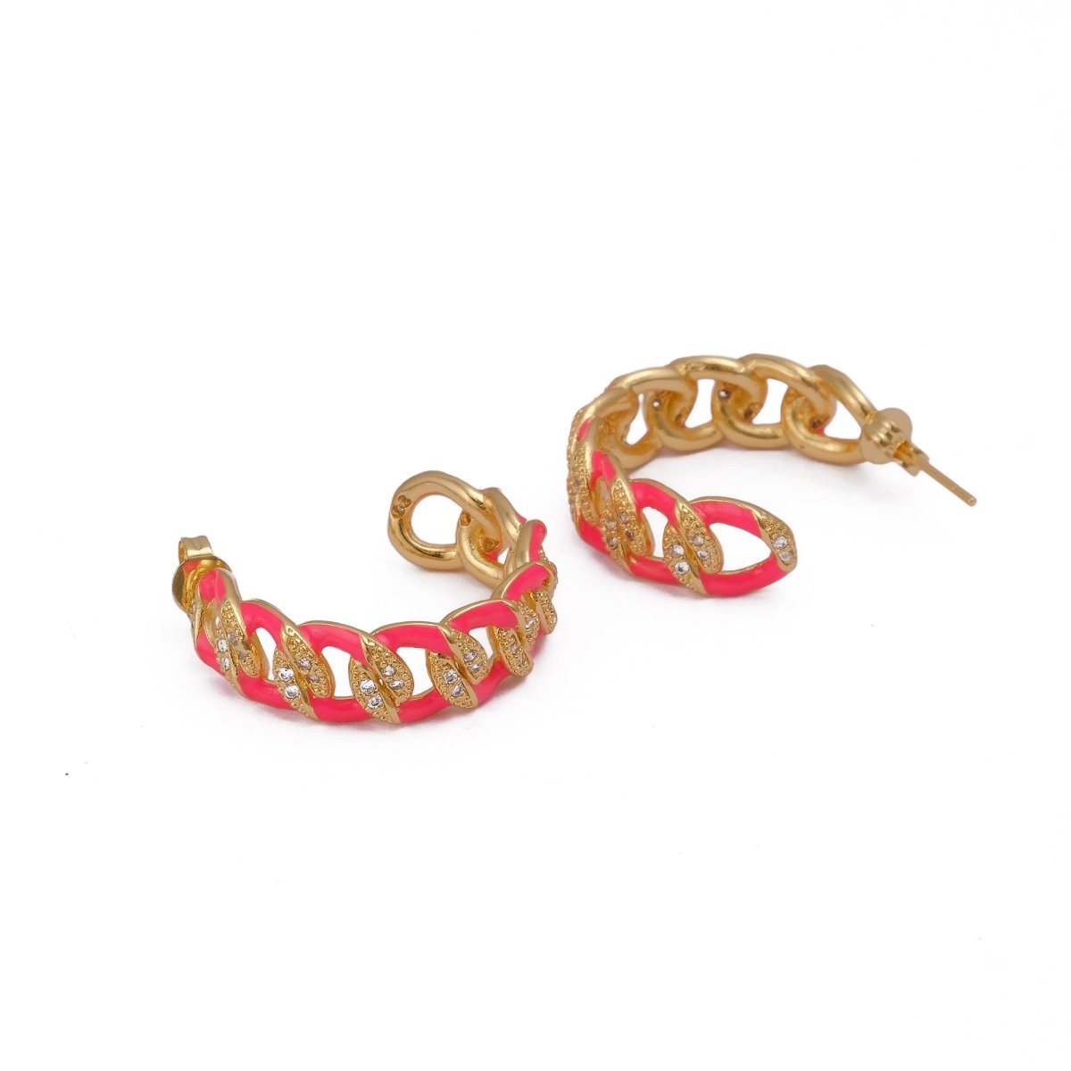 Statement Hoop Earrings in Gold Plated with Pink Enamel & Crystal