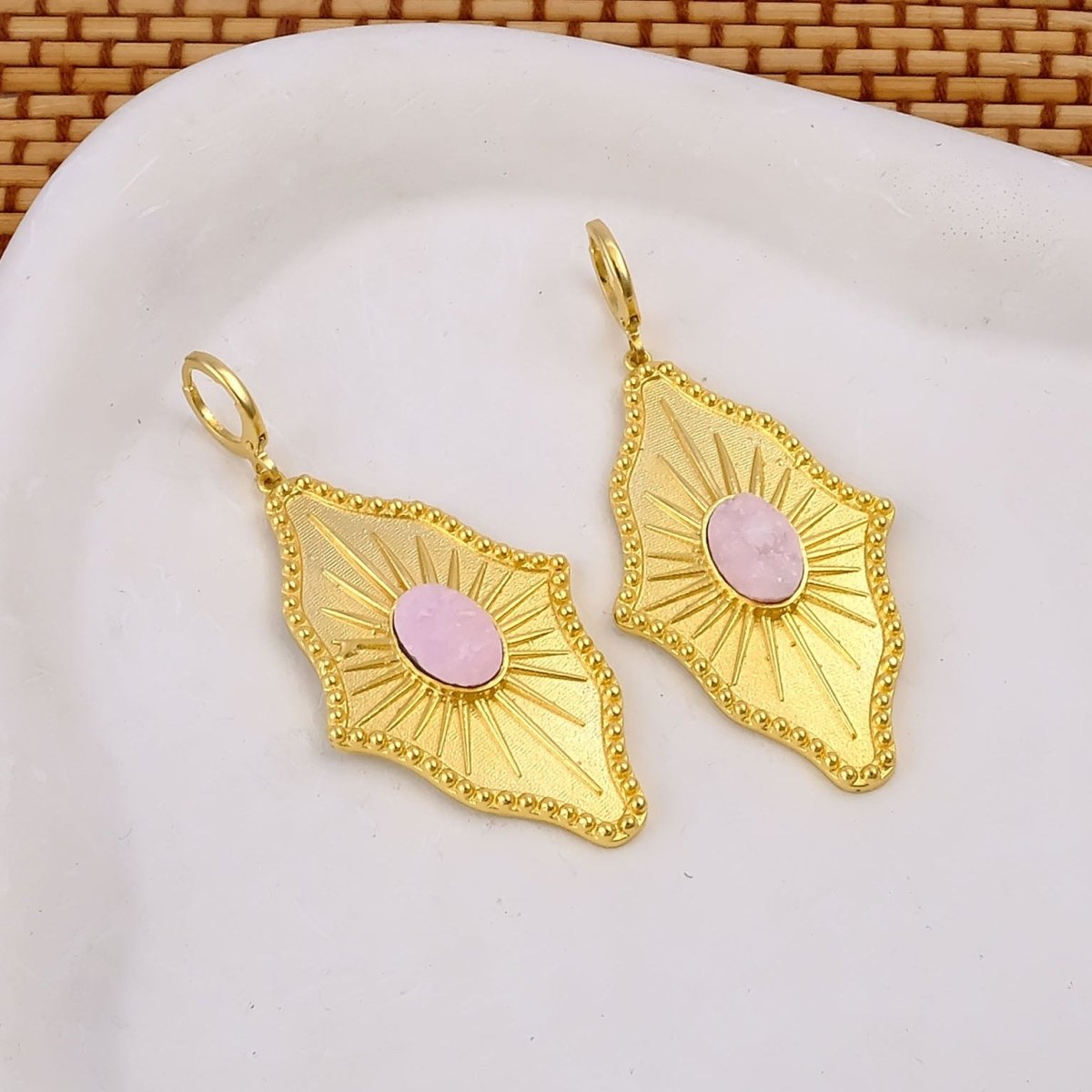 Sugar Druzy Sunburst Hoop Earrings, Gold Plated Drop Earrings 5379