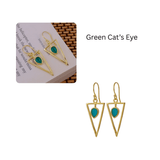 Teardrop Stone Green Cat's Eye, Dainty Gold Plated Triangle Hook Earrings CE - 1032