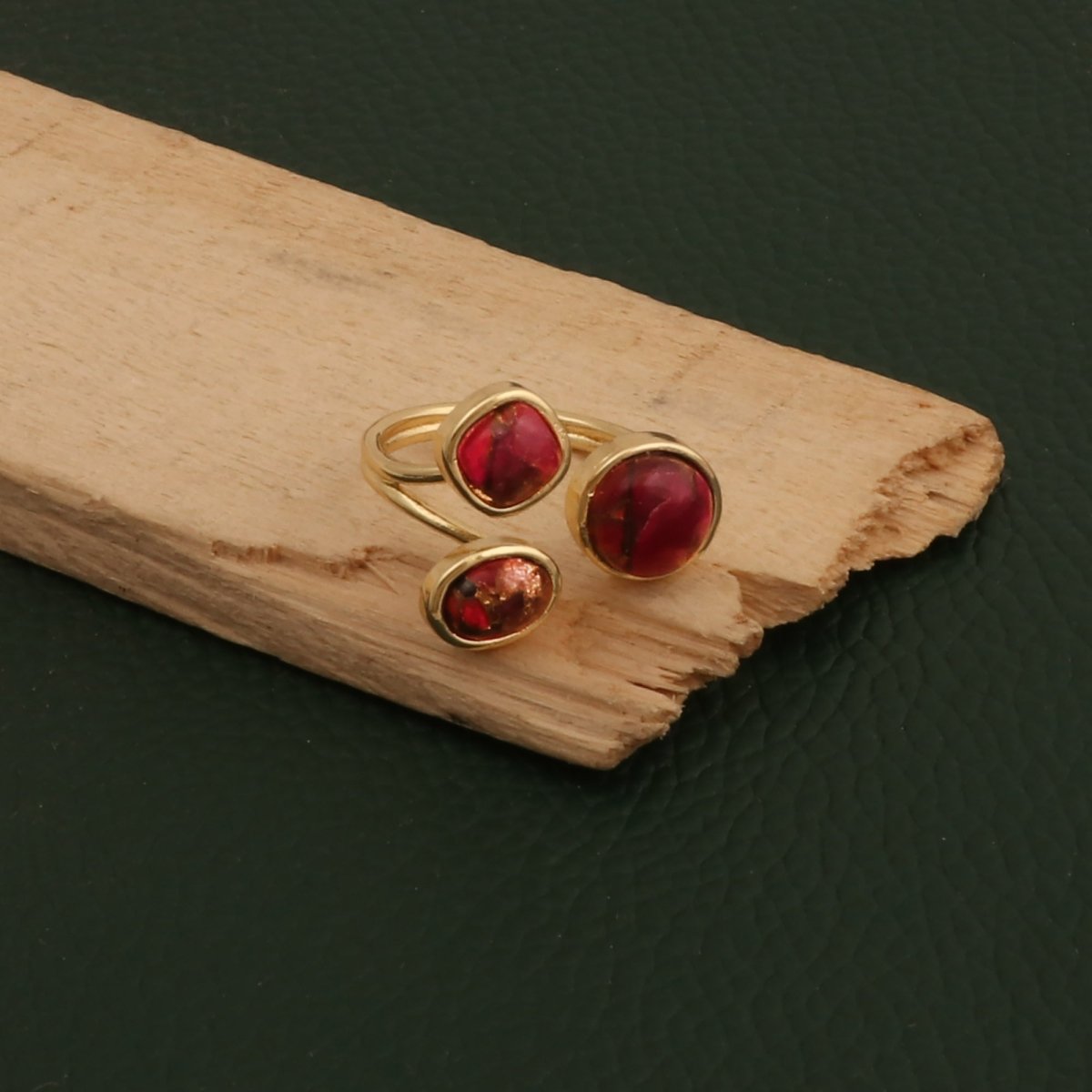 Triple Gemstone Ring, Handmade Gold Open Ring, Minimalist Jewelry CR - 1017