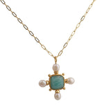 Vintage Rainbow Moonstone and Pearl Cushion Shape Necklace, Gold Plated Jewelry 5406