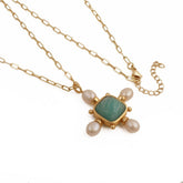 Vintage Rainbow Moonstone and Pearl Cushion Shape Necklace, Gold Plated Jewelry 5406