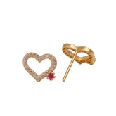 White and Red Cubic Zircon Gemstone Stud Earrings Elegant Heart Gold Plated Jewelry