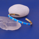 White Cubic Zircon Blue Enamel Bracelet Open Cuff Gold Plated Bangle