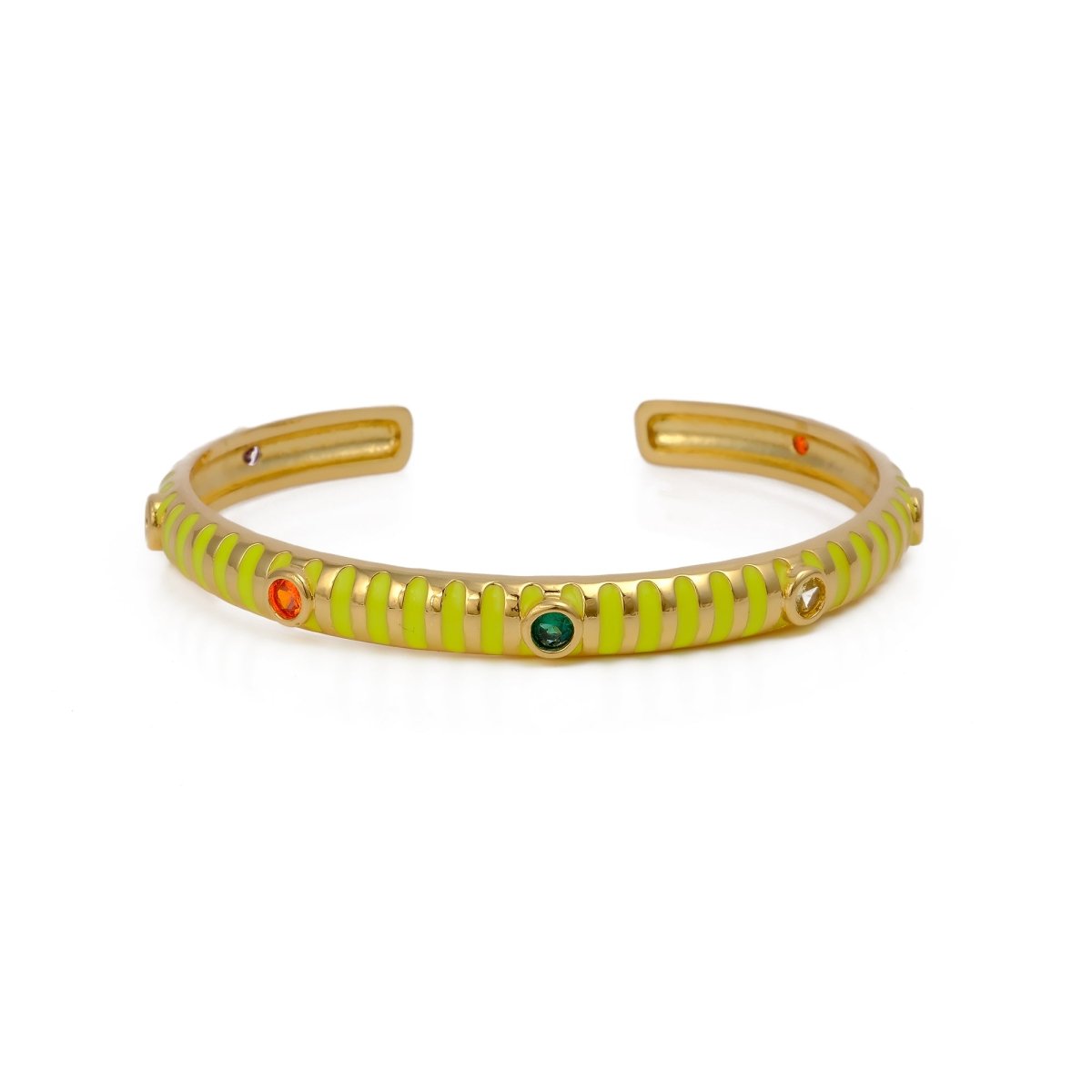 Yellow Enameled With Multi CZ Gemstone Bangle Adjustable Gold Plated Jewelry