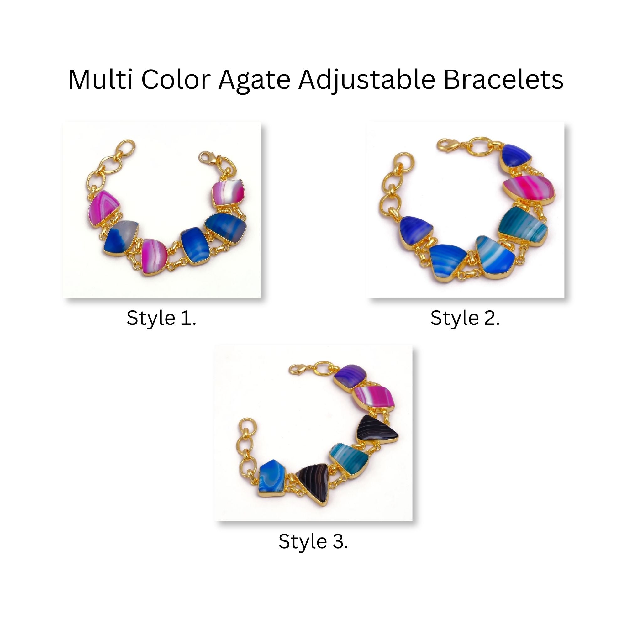 Multi Color Agate Gold Plated Bracelets, Minimalistic Adjustable Jewelry 5266