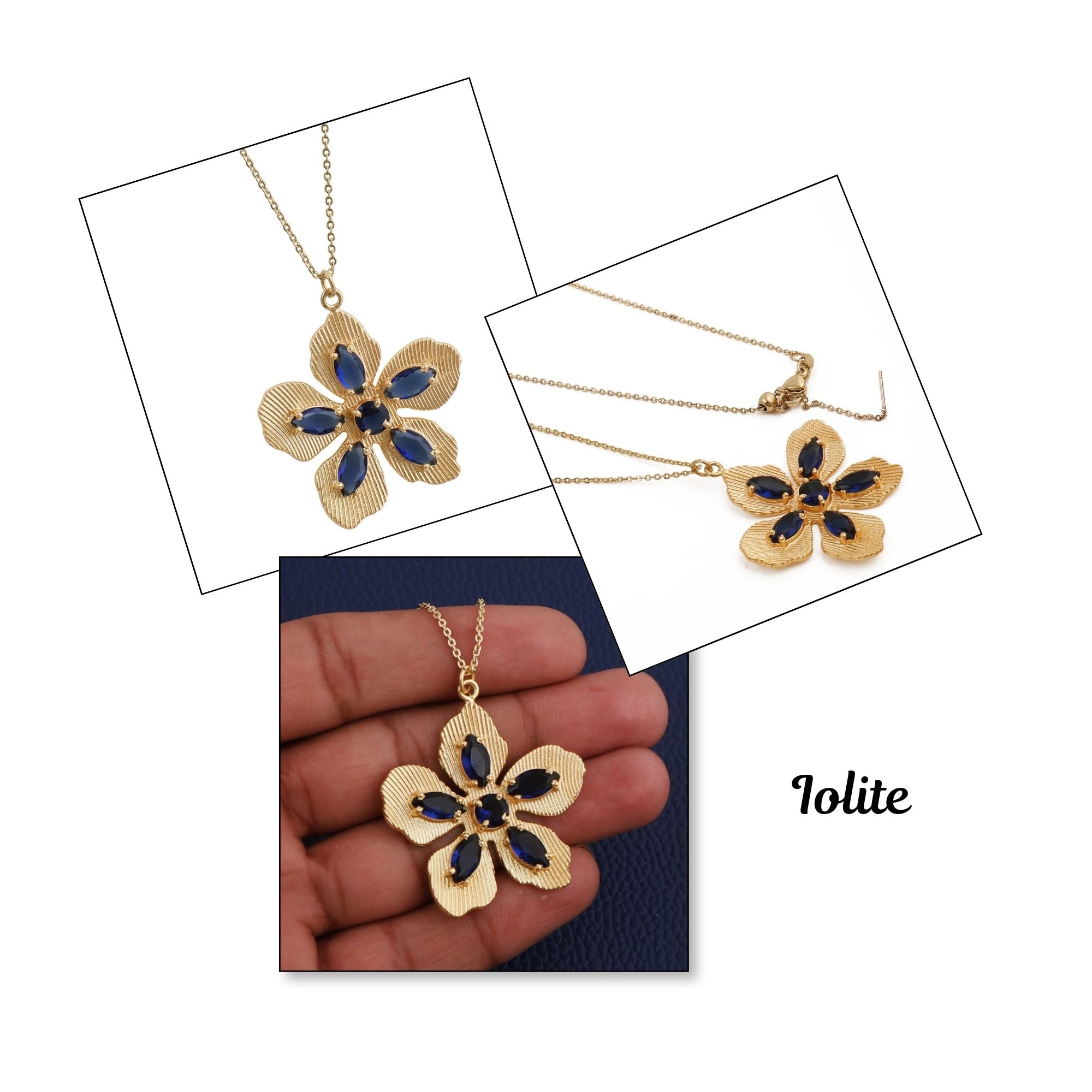 Pink Fuchsia Gemstone Flower Pendant Necklace in Gold-Plated Brass Jewelry 5390 Iolite