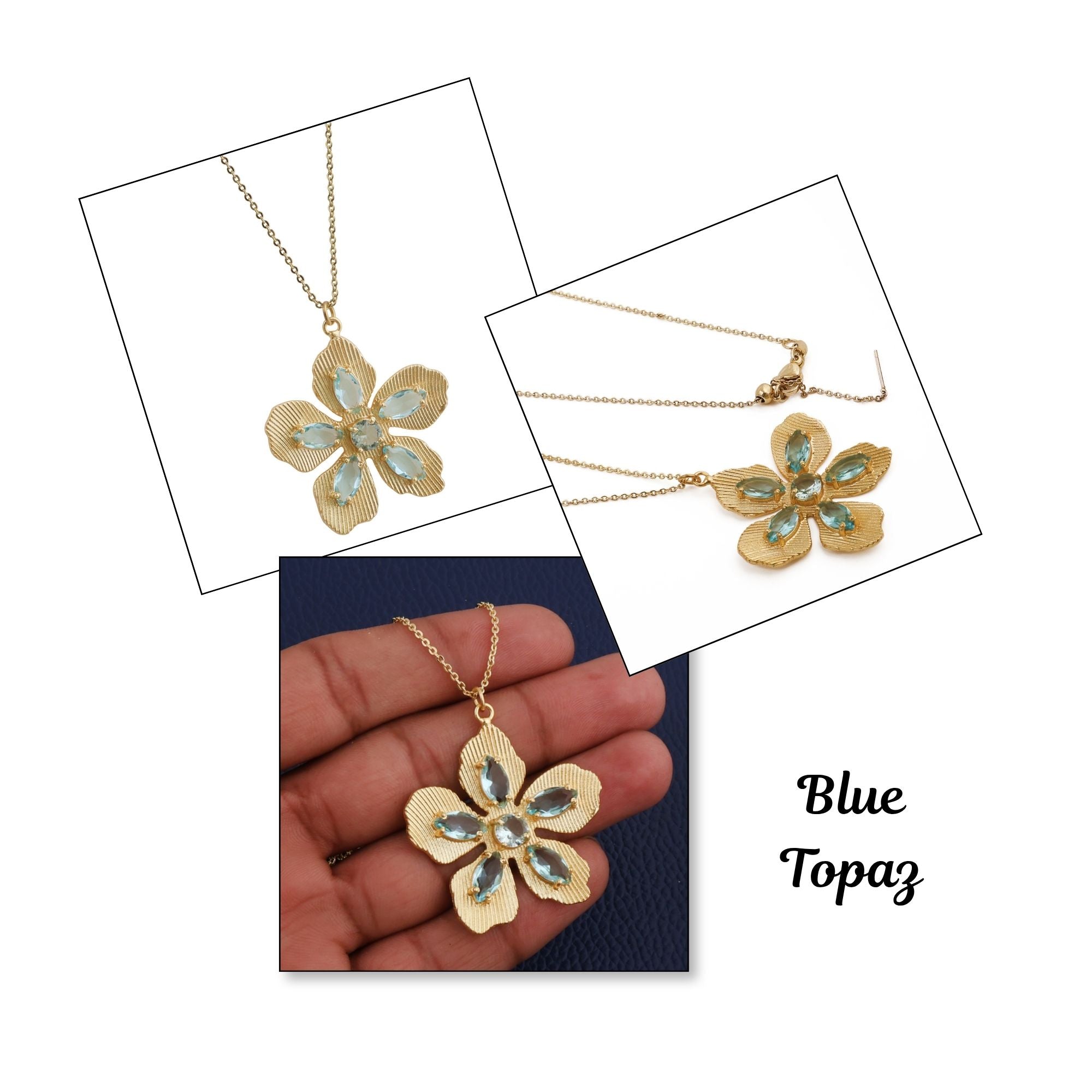 Pink Fuchsia Gemstone Flower Pendant Necklace in Gold-Plated Brass Jewelry 5390 Blue Topaz