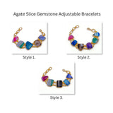 Multi-Color Agate Slice Bracelet, Gold Plated Jewelry, Natural Gemstone Link Bracelet 5266