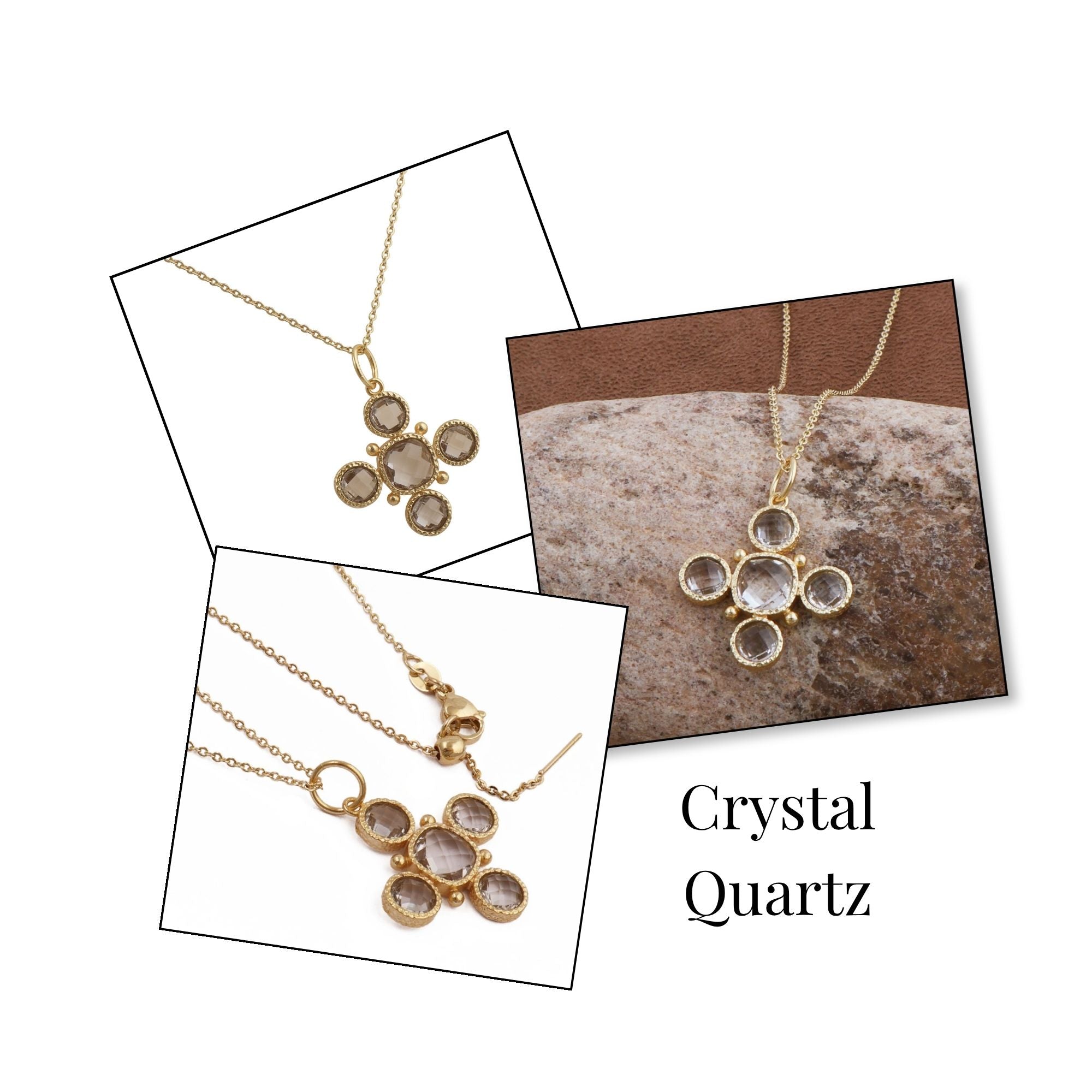 Handcrafted Green Onyx Floral Cross Pendant Necklace in Gold Plated Brass 5388 Crystal Quartz