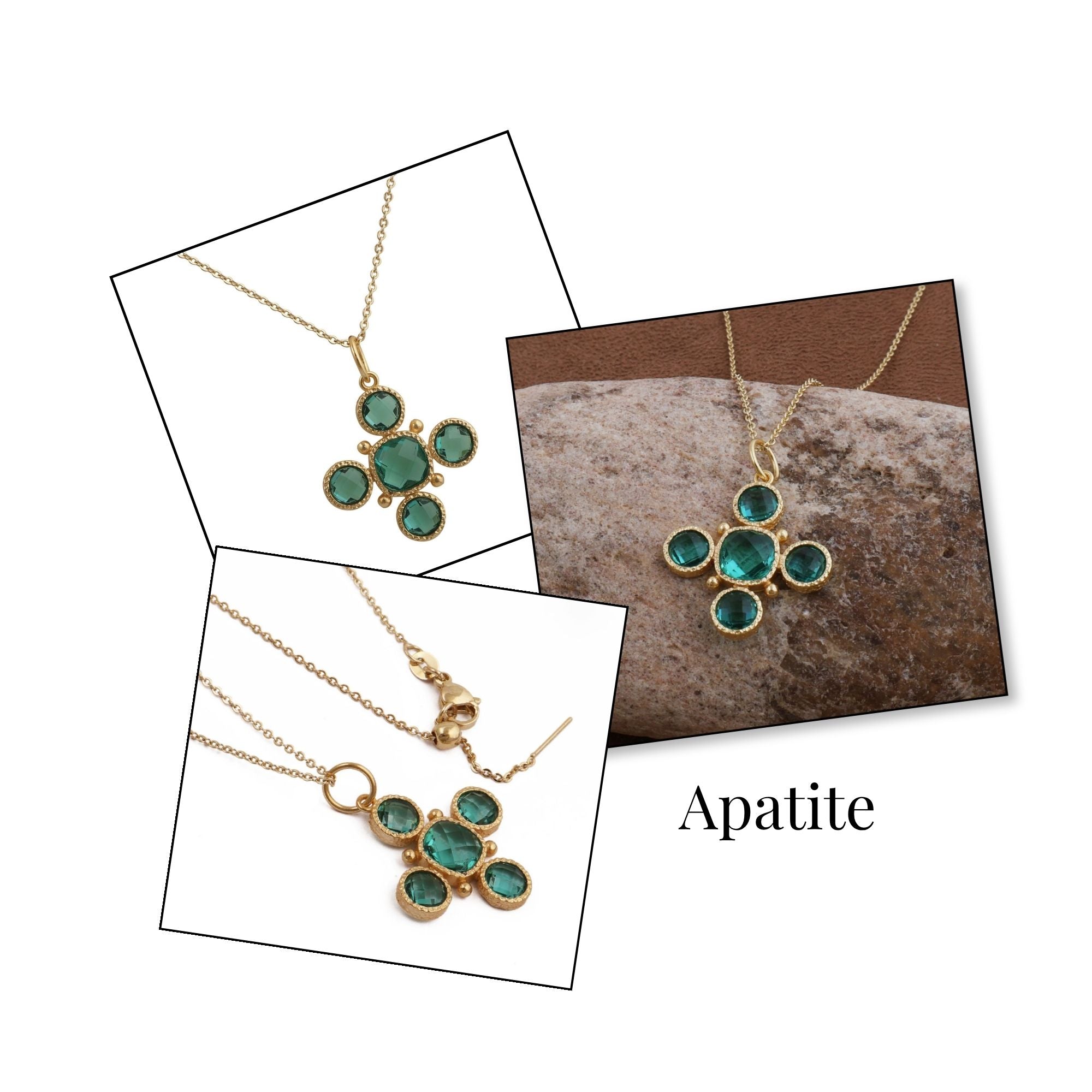 Handcrafted Green Onyx Floral Cross Pendant Necklace in Gold Plated Brass 5388 Apatite