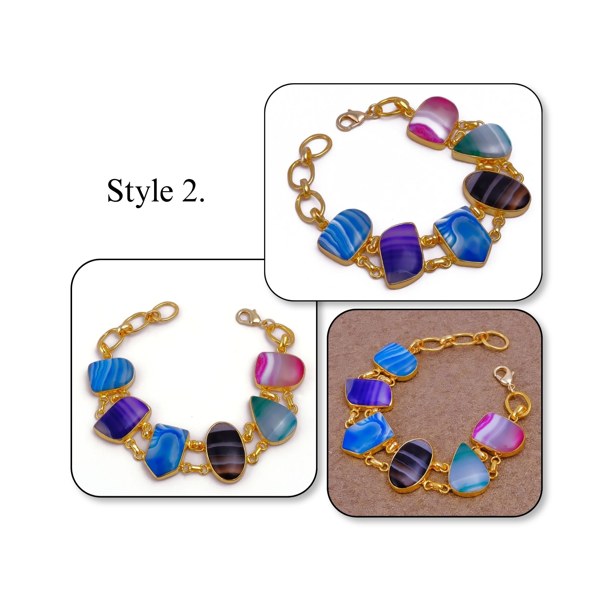 Chunky Gemstone Multi Color Agate Slice Chain Bracelet, Vibrant Statement Accessory 5266 Style 2.