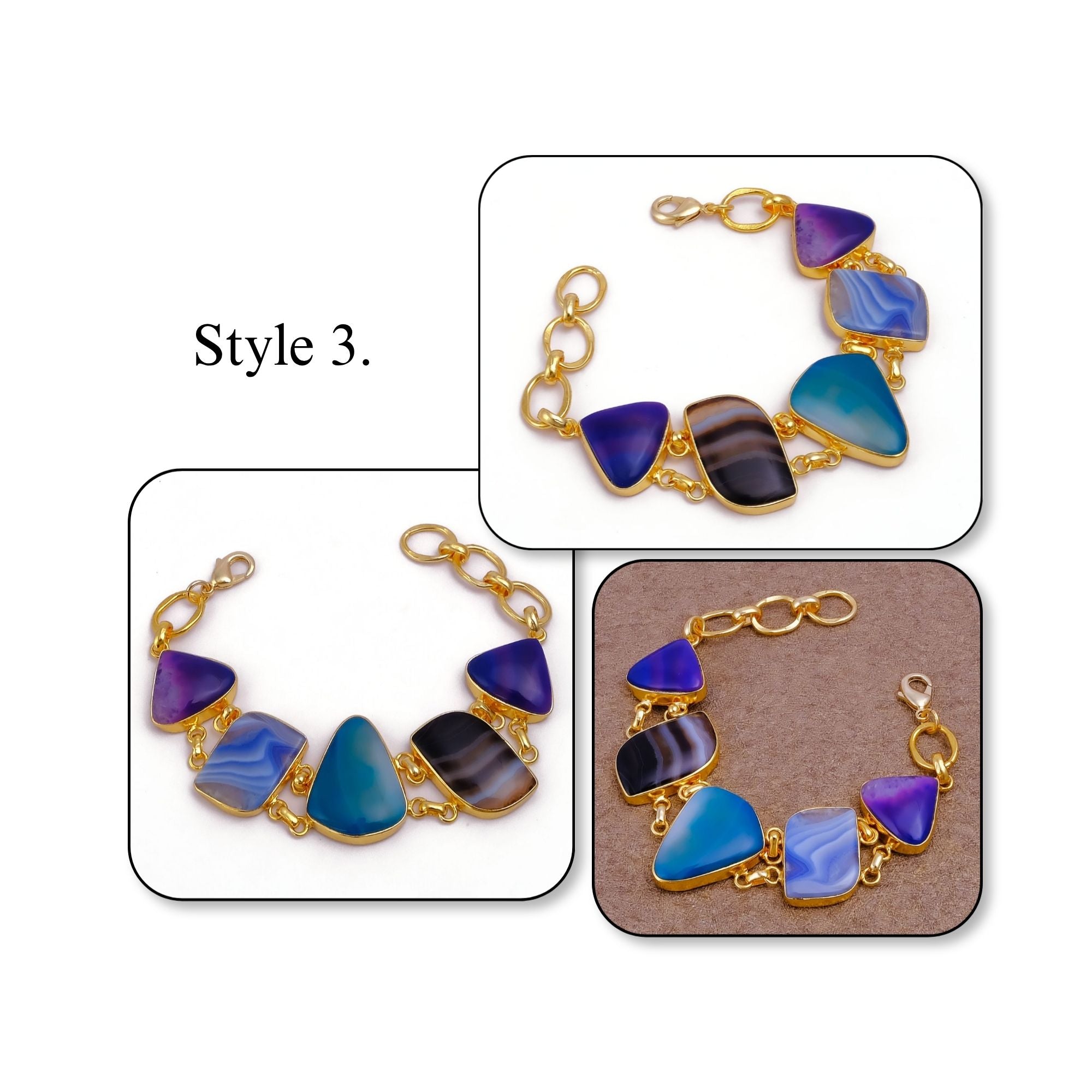 Chunky Gemstone Multi Color Agate Slice Chain Bracelet, Vibrant Statement Accessory 5266 Style 3.