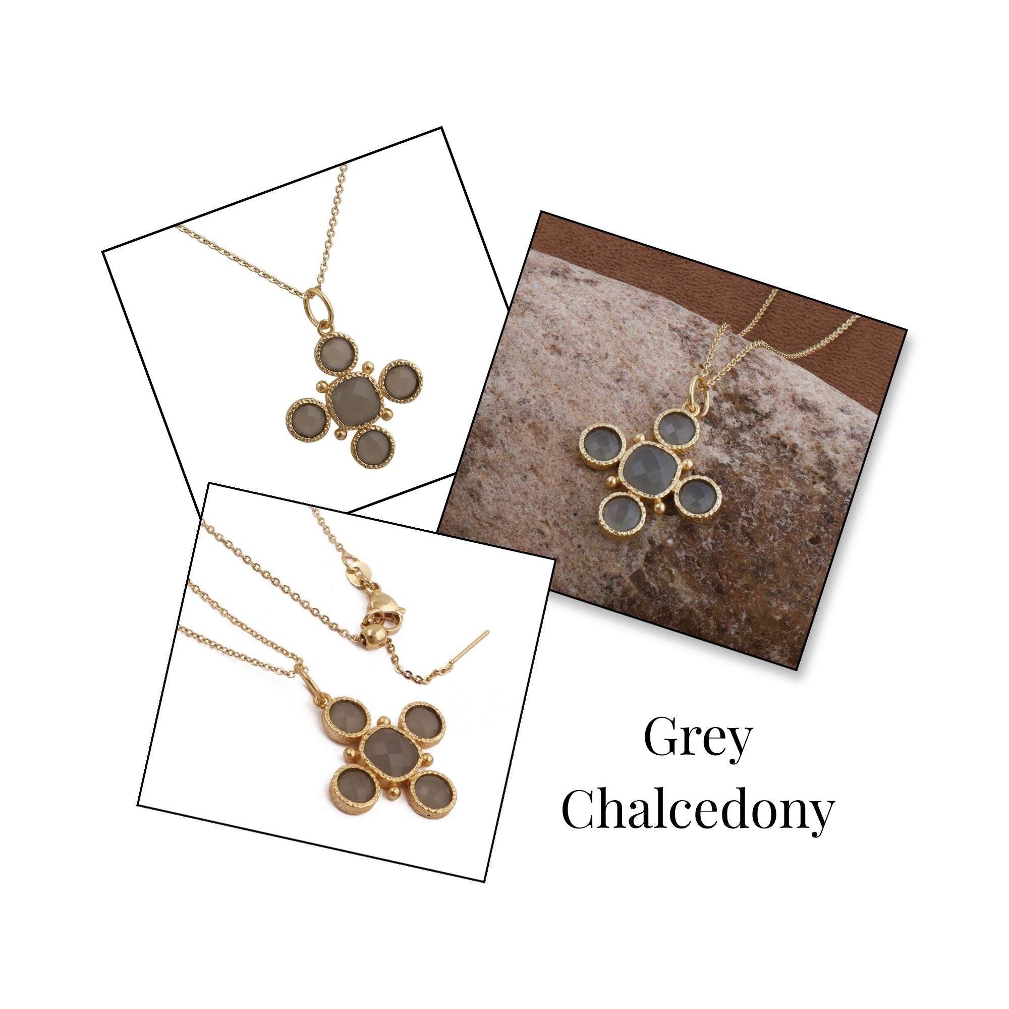 Dainty Gold Floral Cross Charm with Green Onyx Gemstone, Bezel Set Jewelry 5388 Grey Chalcedony