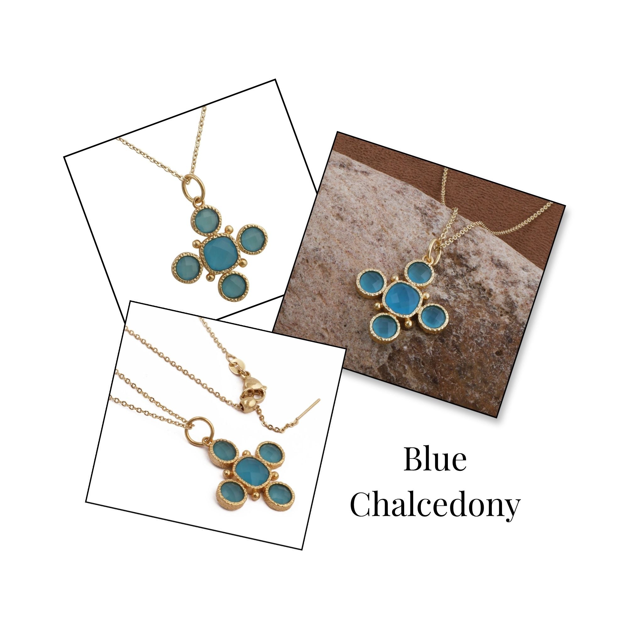 Dainty Gold Floral Cross Charm with Green Onyx Gemstone, Bezel Set Jewelry 5388 Blue Chalcedony