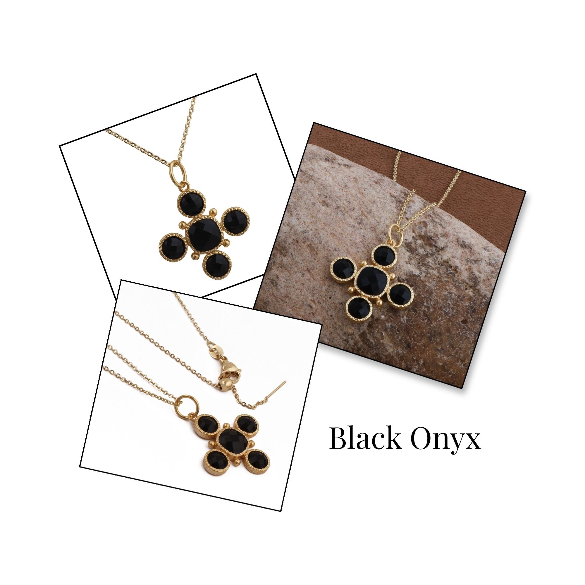 Dainty Gold Floral Cross Charm with Green Onyx Gemstone, Bezel Set Jewelry 5388 Black Onyx