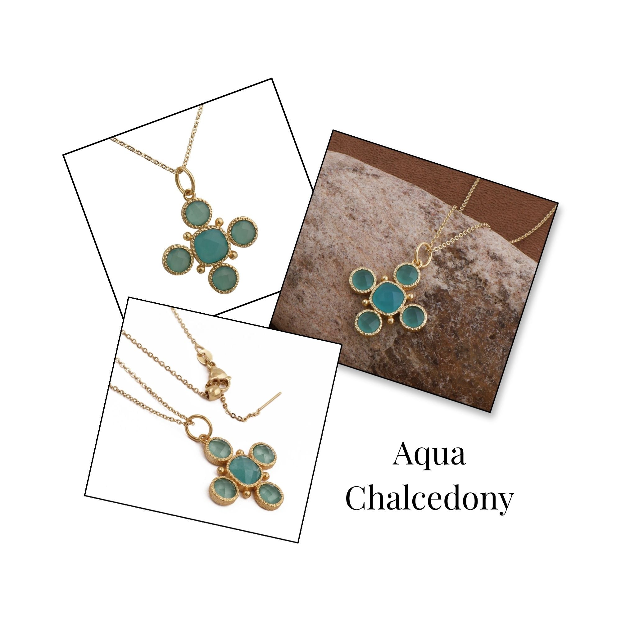 Artisanal Blue Turquoise Cross Pendant Necklace, Gold Plated Birthstone Jewelry 5388 Aqua Chalcedony